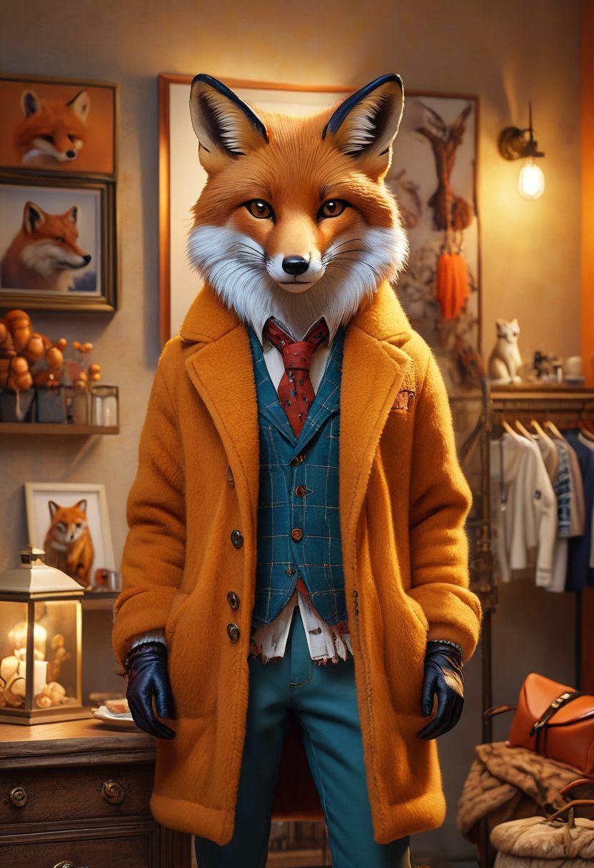 A whimsical scene with a stylish fox dressed in trendy apparel, surrounded by an array of fox-themed accessories like hats, scarves, earrings, and backpacks. The setting is a vibrant, cozy boutique with warm lighting, fox paintings on the walls, and detailed textures. super-realistic. vibrant colors. charming atmosphere.