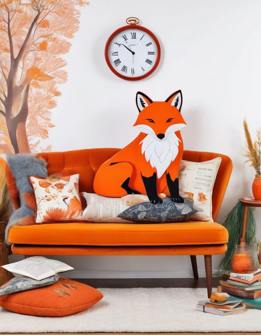 A beautifully arranged collage featuring a variety of fox-themed items: an elegant fox-shaped necklace, cozy fox-patterned throw pillows on a stylish sofa, a whimsical fox figurine centerpiece, a stack of fox-illustrated books, and a charming fox-themed wall clock. Each item is richly detailed, showcasing vibrant colors and textures. The background should be light and inviting, with subtle nature-inspired accents. vector art. vibrant colors. white background.